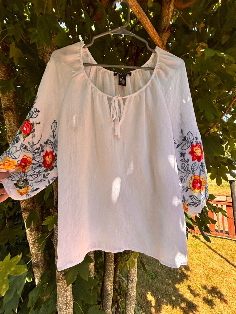 White Embroidered Peasant Tunic with Red & Yellow Floral Sleeves